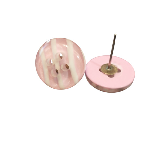 🍭 3 for $20 - Pink White Stripe Button Earrings 70s Retro Fun Fashionista - Picture 1 of 4